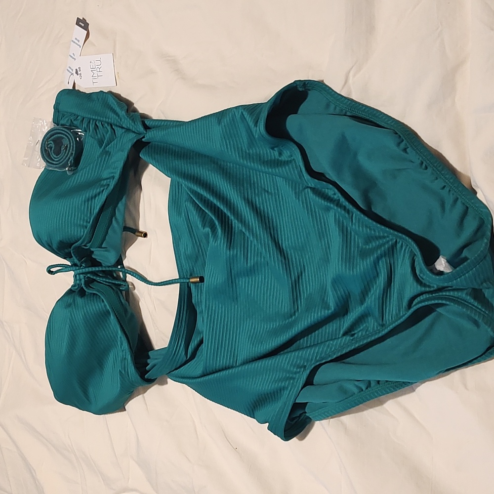 Time and Tru Green Ribbed Open Attached Top and Bottom Swimsuit